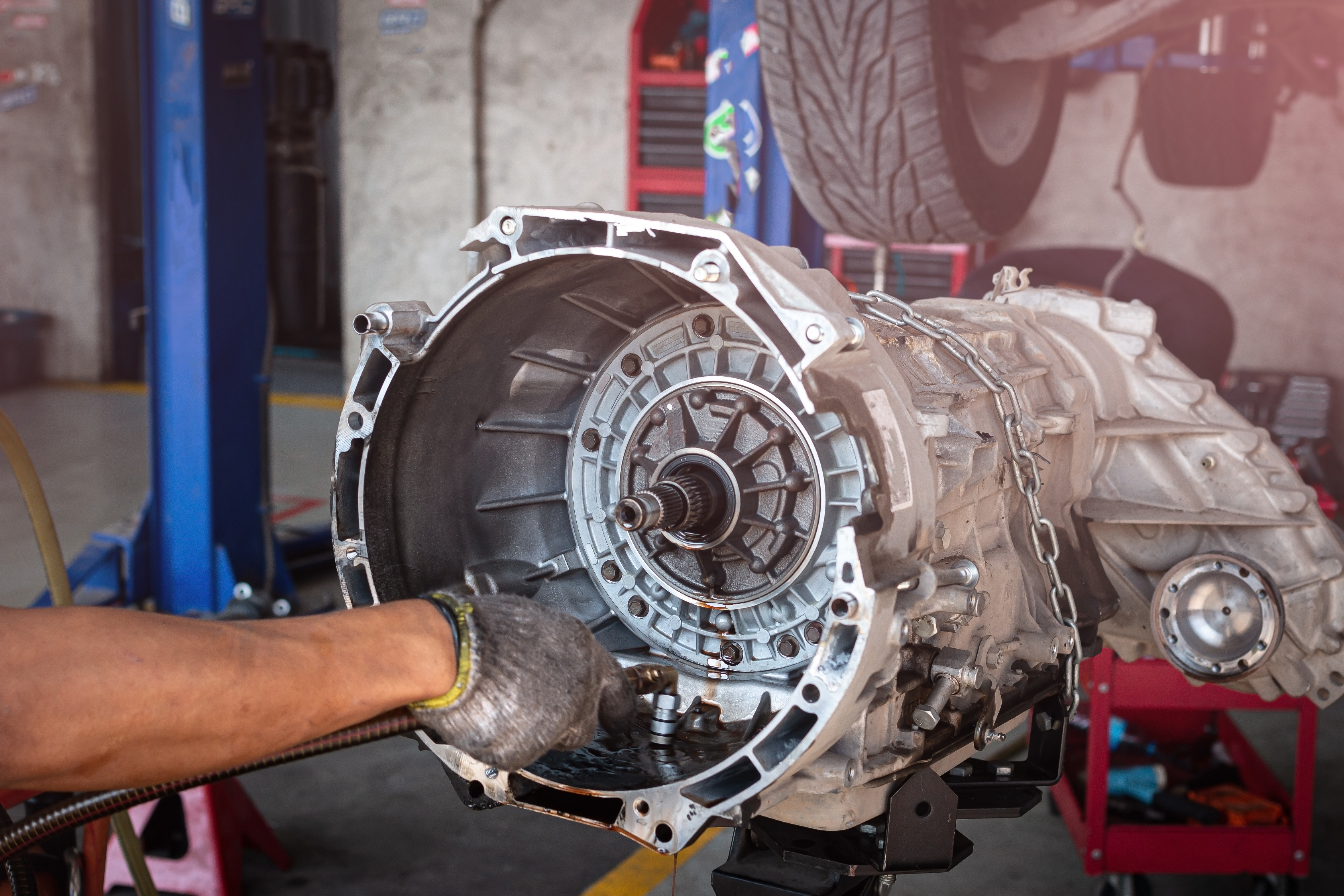Close-up of transmission gears cut-away showing internal components